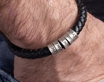 Bracelet homme personnalisé en taille personnalisée, bijoux faits main avec des perles d'argent, bracelet papa en cuir, cadeaux de Noël pour la fête des pères pour lui et son enfant