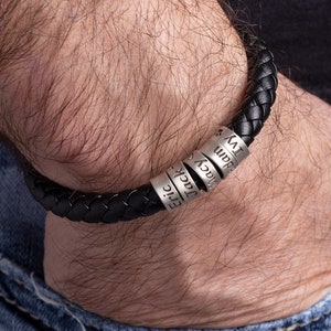 Mens Bracelet Personalized in Custom Size, Handmade Jewelry with Silver Beads, Leather Dad Bracelet, Christmas Fathers Day Gifts For Him Kid image 1