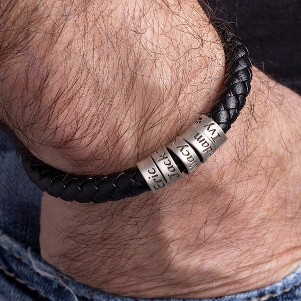 Mens Bracelet Personalized in Custom Size, Handmade Jewelry with Silver Beads, Leather Dad Bracelet, Christmas Fathers Day Gifts For Him Kid