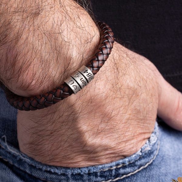 Bracelet homme personnalisé en taille personnalisée, bijoux en cuir faits main avec perles d'argent, cadeaux de Noël pour la fête des pères pour lui, enfant, papa, petit ami