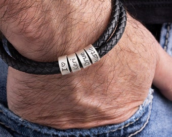 Cadeaux de Noël personnalisés pour lui, bracelet pour homme fait main avec perles d'argent, bracelet réglable en cuir pour papa, cadeau fête des pères pour la Saint-Valentin