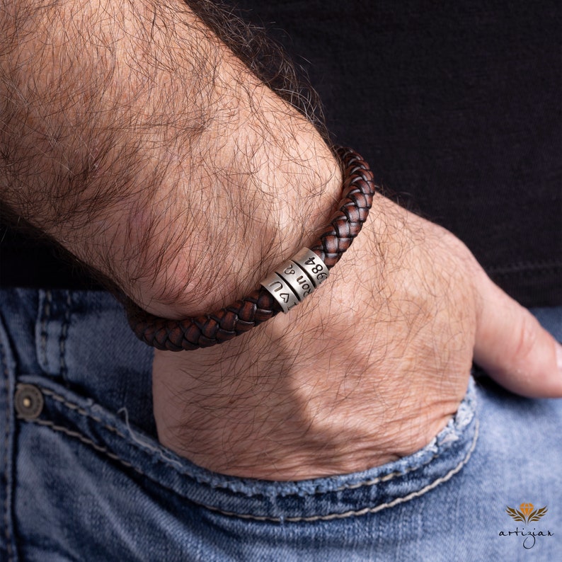 Mens Bracelet Personalized in Custom Size, Handmade Jewelry with Silver Beads, Leather Dad Bracelet, Christmas Fathers Day Gifts For Him Kid image 5