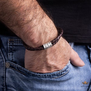 Cadeaux de Noël personnalisés pour lui, bracelet pour homme fait main avec perles d'argent, bracelet réglable en cuir pour papa, cadeau fête des pères pour la Saint-Valentin image 2