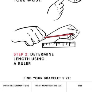 K&ouml;nnte beinhalten: Diagramm, das zeigt, wie man sein Handgelenk f&uuml;r ein Armband misst. Die Anweisungen beinhalten das Umwickeln eines Fadens um das Handgelenk und anschliessendes Messen des Fadens mit einem Lineal. Eine Tabelle zeigt die Handgelenksmasse in Zoll und Zentimetern sowie die entsprechenden Armbandgr&ouml;ssen: klein, mittel und gross.