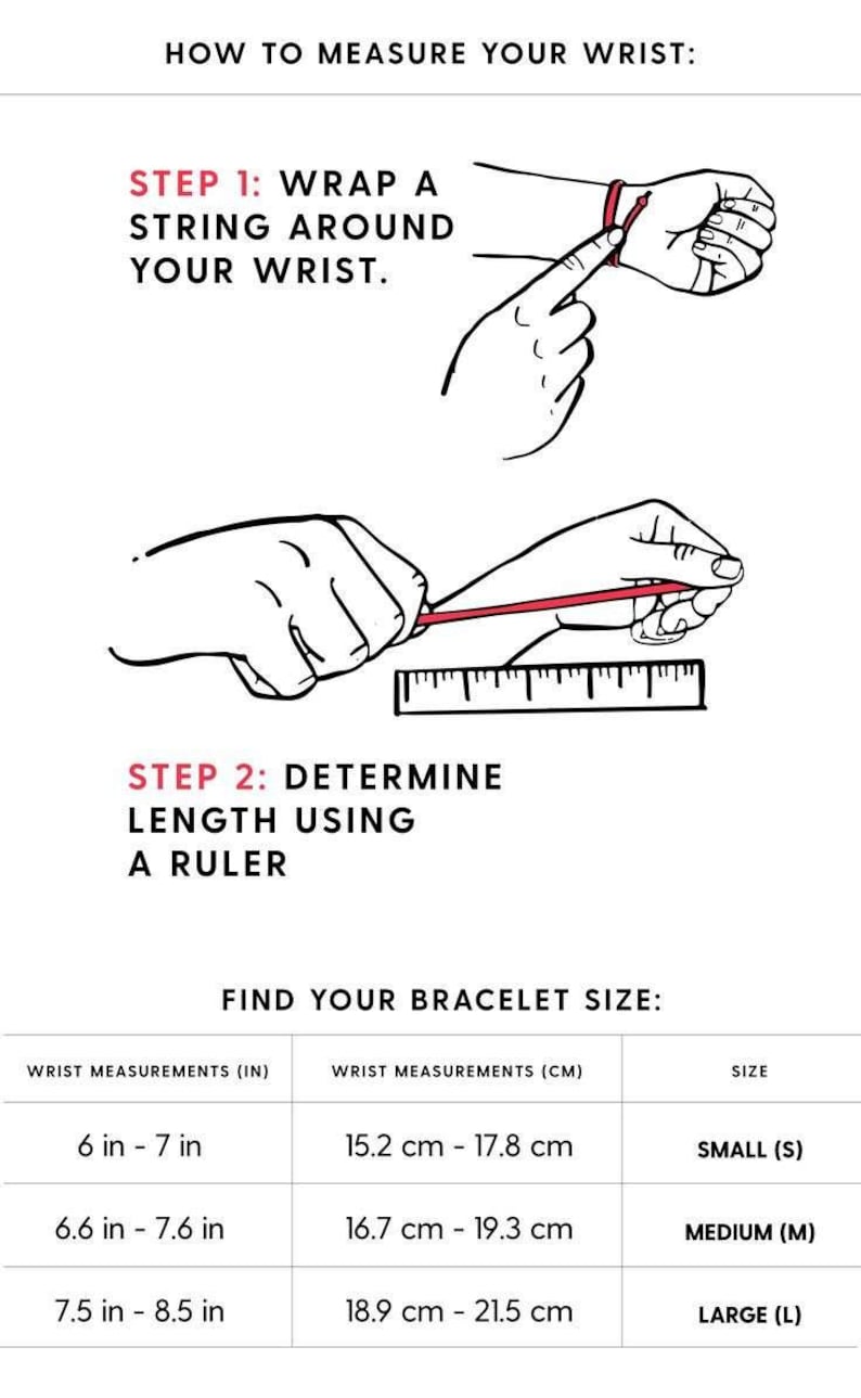 K&ouml;nnte beinhalten: Diagramm, das zeigt, wie man sein Handgelenk f&uuml;r ein Armband misst. Die Anweisungen beinhalten das Umwickeln eines Fadens um das Handgelenk und anschliessendes Messen des Fadens mit einem Lineal. Eine Tabelle zeigt die Handgelenksmasse in Zoll und Zentimetern sowie die entsprechenden Armbandgr&ouml;ssen: klein, mittel und gross.