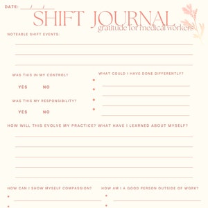 May include: A printable worksheet titled "Shift Journal: Gratitude for Medical Workers" with prompts for reflection and self-care. The worksheet includes questions like "What could I have done differently?" and "How can I show myself compassion?"