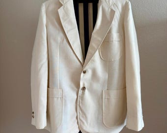 Vintage crèmekleurige linnenmix blazer met revers en tweeknopen sportjas heren, XL jaren 70