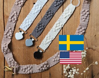 PDF crochet pattern pacifier clip/ napphållare Hjärtrud swe and eng (US-terms)