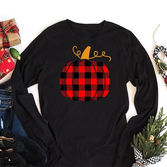 Buffalo-Plaid Pumpkin Thanksgiving Long Sleeve Shirt Fall Unisex Long Sleeve Shirt, Thanksgiving Shirt For Kids, Buffalo Plaid Pumpkin Shirt