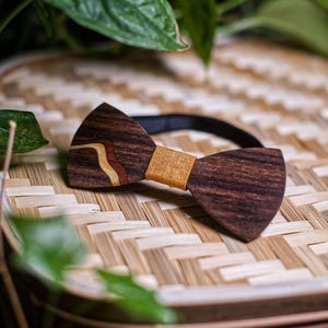 May include: A wooden bow tie with a dark brown wood finish and a light brown wood inlay. The bow tie has a yellow fabric band in the centre.