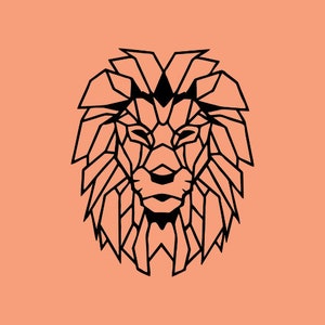 May include: A graphic illustration of a lion head rendered in a geometric style with sharp, angular black lines. The design features a symmetrical mane and facial features composed of various polygon shapes set against a solid peach background.