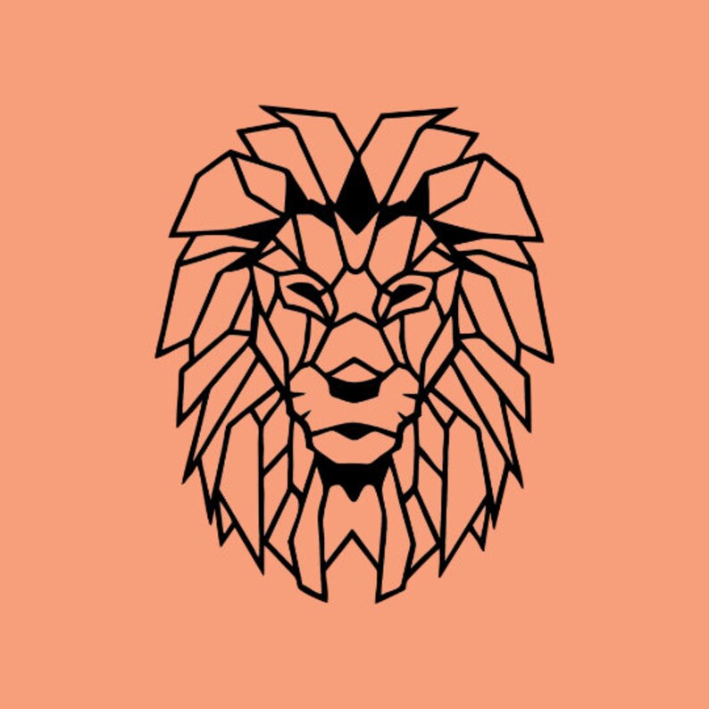 May include: A graphic illustration of a lion head rendered in a geometric style with sharp, angular black lines. The design features a symmetrical mane and facial features composed of various polygon shapes set against a solid peach background.