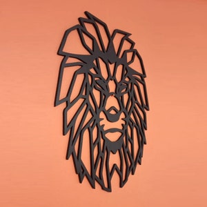 May include: A black wall-mounted lion head sculpture featuring a geometric, angular design with sharp lines and open spaces. The piece is constructed from thin, flat material and displays a stylized, abstract representation of a lion's face.