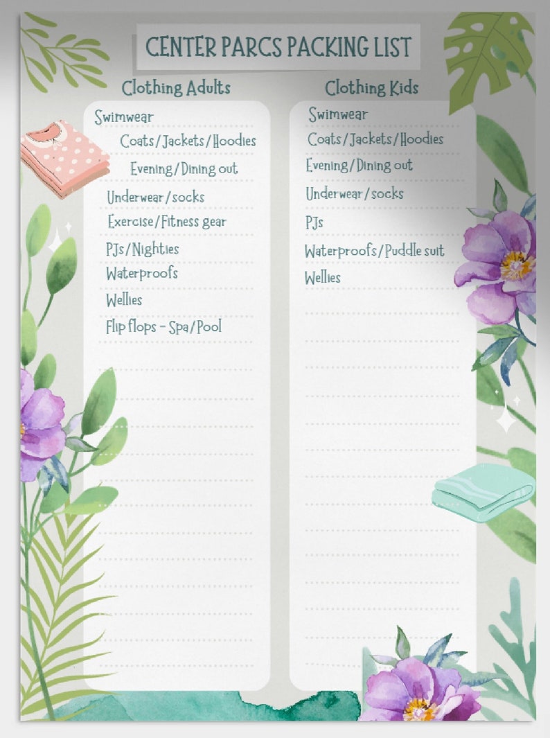 Center Parcs Packing List and Activity Planner printable by Etsy Ireland