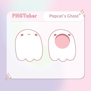 May include: A digital graphic featuring two white ghost characters with pink outlines. The left ghost has a small smile, while the right ghost has a wide open mouth. The text PNGTuber and Popcat's Ghost is displayed at the top in pink lettering.