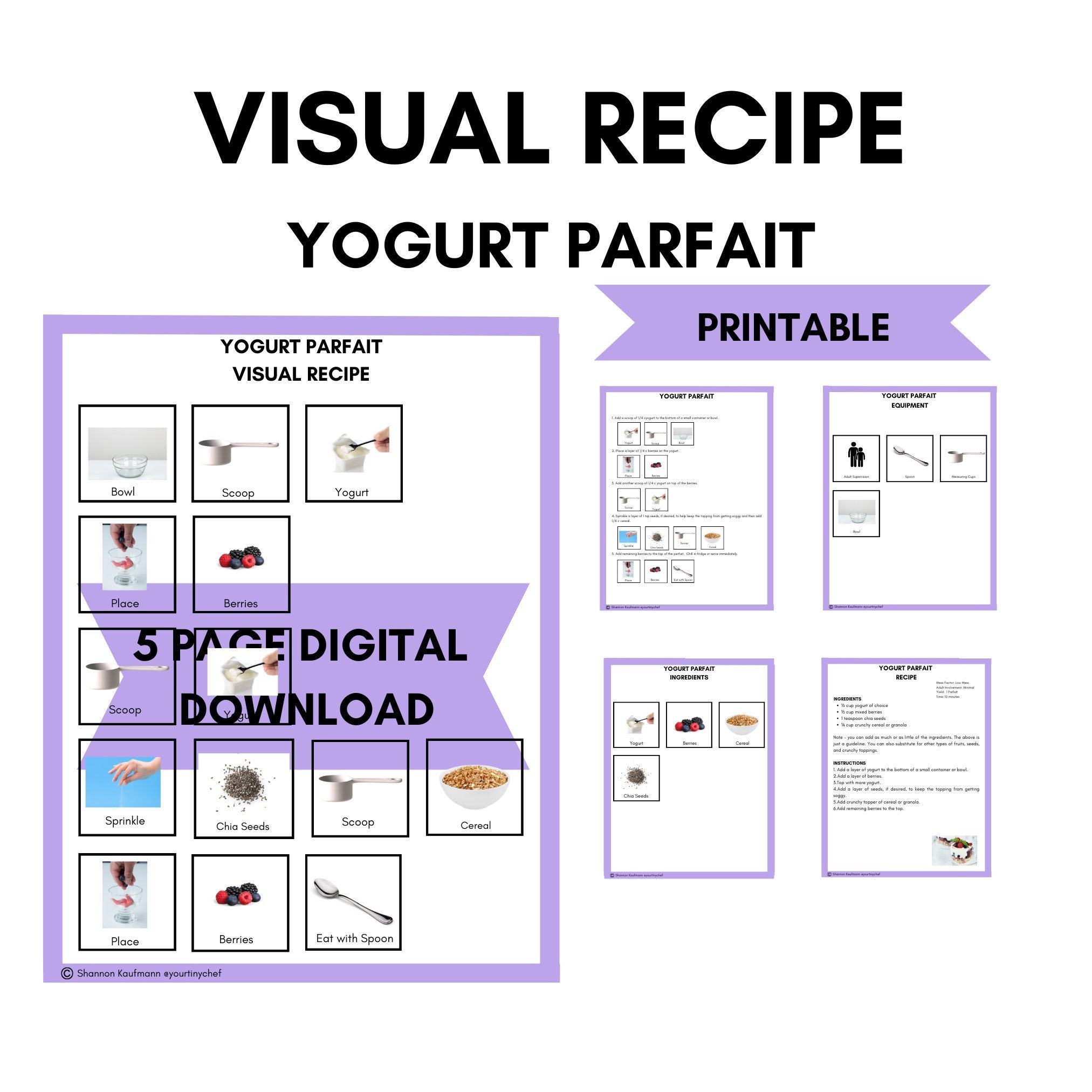 YOGURT PARFAIT Printable Visual Recipe for Toddlers and Young Children,  Cookbook, Educational Learning Resource, Preschool 
