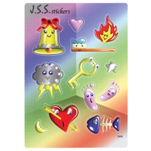 Może przedstawiać: Arkusz naklejek z r&oacute;żnymi wzorami z kresk&oacute;wek. Zawiera ż&oacute;łty dzwonek z czerwoną kokardą, r&oacute;żowe serce, szczoteczkę do zęb&oacute;w, płomień, klucz, gwiazdę, chmurę z błyskawicą, serce z strzałą, szkielet ryby i ślady st&oacute;p. U g&oacute;ry znajduje się napis "J.S.S. stickers".
