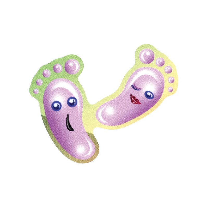 Może przedstawiać: Dwa kresk&oacute;wkowe odciski st&oacute;p z twarzami. Jeden odcisk stopy ma uśmiechniętą twarz, a drugi mruga z czerwonymi ustami. Odbitki st&oacute;p są r&oacute;żowe z zielonymi i ż&oacute;łtymi akcentami na białym tle.