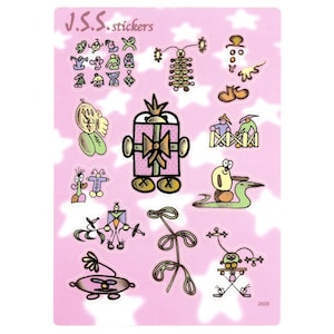 May include: A sheet of pink paper with various colorful cartoon stickers. The stickers feature whimsical characters, including a gift-wrapped robot, a snail riding a snake, and a snowman with a top hat. The sheet is titled "J.S.S. stickers" and includes the year 2025.
