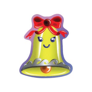 Może przedstawiać: Ż&oacute;łty dzwonek w stylu kresk&oacute;wkowym z uśmiechniętą twarzą, niebieskimi oczami i czerwoną kokardą. Dzwonek ma srebrną obw&oacute;dkę i małą pomarańczową kulkę na dole. Tło jest w kolorze jasnofioletowym.