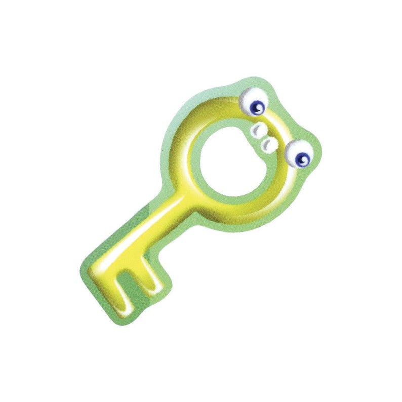 Może przedstawiać: Kapryśny otwieracz do butelek w kształcie klucza, w stylu kresk&oacute;wkowym. Klucz jest ż&oacute;łty z zielonym obrysem i ma dwa ruchome oczy. Zabawny dodatek do kuchni lub baru.