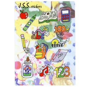 Peut inclure: Une feuille d'autocollants colorés sur le thème de l'école. Les autocollants comprennent un livre, une calculatrice, un crayon, un sac à dos, un flacon de colle, une note de musique et les chiffres 123. Le texte "J.S.S. stickers" est en haut de la feuille.