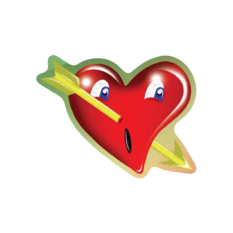 Może przedstawiać: Czerwone serce z kresk&oacute;wki z białymi oczami i otwartymi czarnymi ustami, przebite ż&oacute;łtą strzałą. Strzała ma ż&oacute;łty trzon i lotki. Serce ma zielony kontur i zaskoczoną minę.