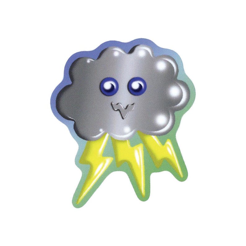 Może przedstawiać: Kresk&oacute;wkowa ilustracja uśmiechniętej szarej chmury z niebieskimi oczami i ż&oacute;łtymi błyskawicami. Chmura ma jasnoniebieski kontur i zielone tło. Błyskawice są ż&oacute;łte z zielonymi akcentami.