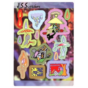 May include: A sheet of colorful stickers featuring illustrations of houses, rain, and people. The stickers are labeled "J.S.S. stickers".