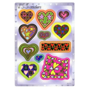 May include: A sheet of colorful heart-shaped stickers with various patterns and designs. The stickers feature a variety of colors, including red, green, blue, yellow, and pink. The text "J.S.S. stickers" is printed at the top of the sheet.