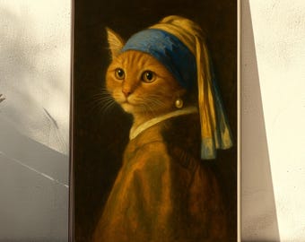 Orange Cat Portrait in Girl with a Pearl Earring Style - Whimsical Art Print, Vintage-Inspired Wall Decor, High Quality Orange Cat Artwork