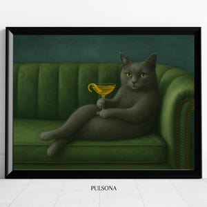 May include: A framed print featuring a gray cat lounging on a green sofa, holding a cocktail. The cat has yellow eyes and is depicted in a relaxed pose. The sofa has a tufted back. The print is in a black frame.