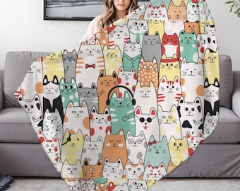 Colorful Cartoon Cats Throw, Cozy Fuzzy Throw Blanket, Cat Themed Gift, Gift for Reader, Cat Decor Living Room, Cat Lover Christmas Gift