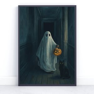 Black Cat and Ghost Jack O Lantern Wall Art Poster, Whimsy Spooky Halloween Art, Funny Black Cat Ghost Print, Whimsigoth Dark Home Decor