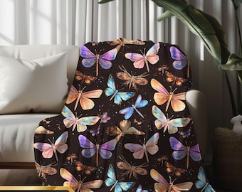 Etherial Watercolor Butterfly Blanket, Dragonfly Throw Blanket Cosmic Butterfly Blanket Dreamy Dragonfly Fleece Blanket Cosmic Throw Blanket