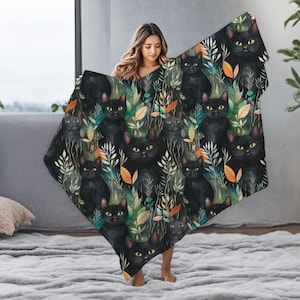 Couverture de chat noir, couverture de chat confortable bohème pour les amoureux des chats, jeté de couverture, cadeau sur le thème du chat, cadeau pour le lecteur, maman ou papa chat, cadeau pour propriétaire d'animal de compagnie
