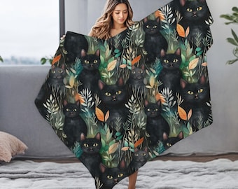 Whimsy Black Cat Blanket, Boho Plush Fleece Sherpa Throw, Black Cat Lover Gift, Christmas Xmas Cat Gift, Cat Home Decor, Gifts For Cat Mom