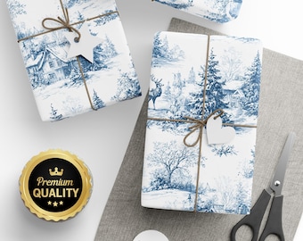 Vintage Blue Christmas Toile Wrapping Paper, Holiday Gift Wrap, Elegant Christmas Seasonal Gift Wrap, Winter Holiday Gift Wrap Toile Style