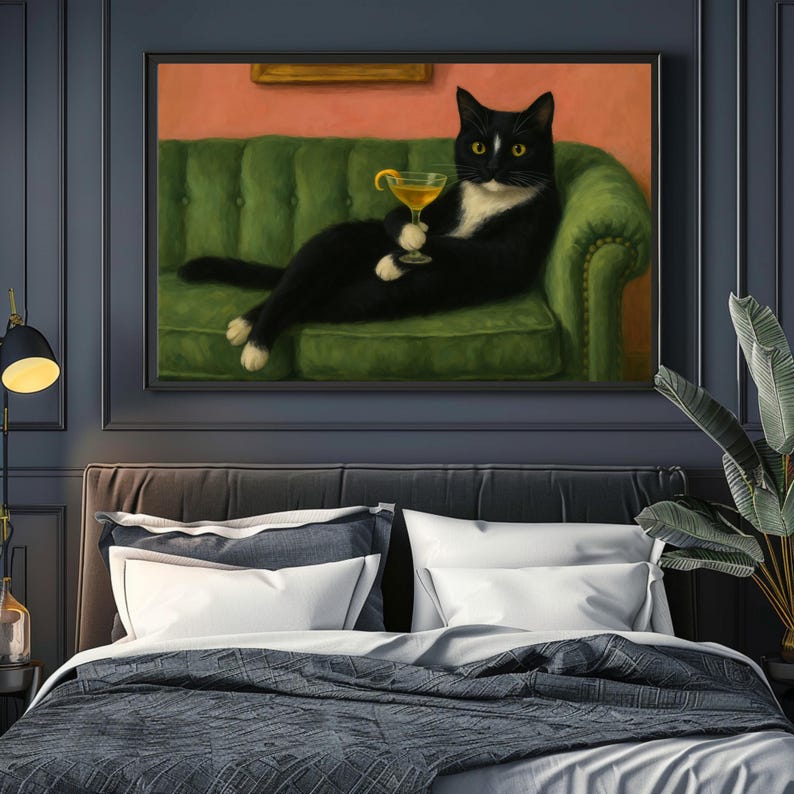 Retro Tuxedo Cat Martini Wall Art, Fine Art Print Gift, Cocktail Art ...