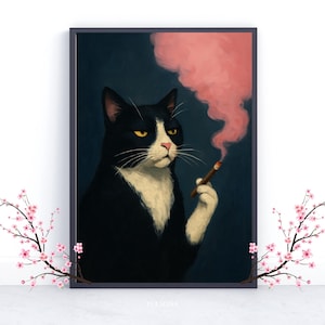 Vintage Whimiscal Pink & Black Cat Painting, Cat Smoking a Cigarette, Cat Wall Art, Cat Print, Cat Portrait, Unique Gift, Retro Cat Wall Art