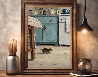 Impression de souris de cuisine confortable, art mural de ferme de campagne rustique, peinture animalière fantaisiste, impression d'art peinture à l'huile, décoration de souris mignonne fantaisiste