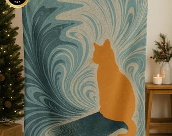 May include: A teal and beige throw blanket featuring an orange cat silhouette. The blanket has a swirling pattern design. The words "Premium Quality" are in a gold seal in the upper left corner. The blanket is held up by a person.