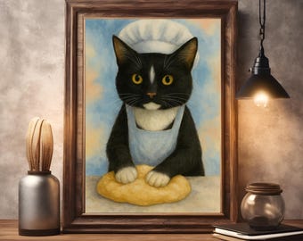 May include: A framed art print featuring a black and white cat wearing a chef's hat and apron, kneading dough. The artwork has a blue and yellow background. The text "QUALITY ART PRINTS MADE IN THE USA" is at the top of the frame.