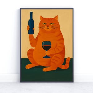 May include: A digital illustration of a red orange cat holding a glass of red wine and a bottle of wine. The cat is sitting on a green surface. The background is a light yellow color. The cat has a serious expression on its face.