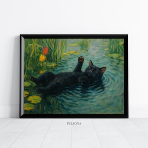 Monet Waterlily Black Cat Print, Monet Black Cat Poster, Cat Art, Floral Print, Whimsy Wall Art Cat Wall Decor Living Room Wall Art Cat Gift
