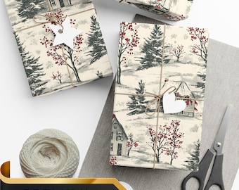 Vintage Christmas Toile Wrapping Paper Roll, Vintage Christmas Tree Gift Wrap Roll, Antique Whimsy Tree Wrapping Paper, Sage Green Red Toile