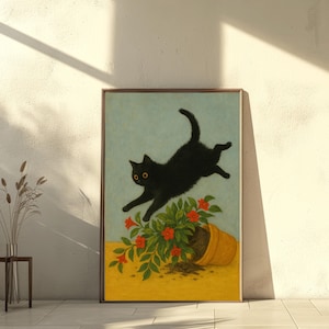 Funny Black Cat Wall Art, Cat Knocking Over Potted Plant Print, Whimsical Cat Illustration, Vintage Style Cat Decor, Playful Feline Poster