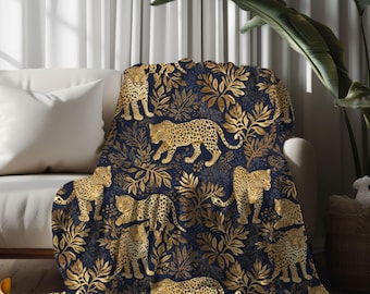Luxury Blue and Gold Leopard Print Blanket, Safari Throw, Chic Jungle Decor, Exotic Wild Cat Design, Elegant Gold Foil Leopard Blanket Gift