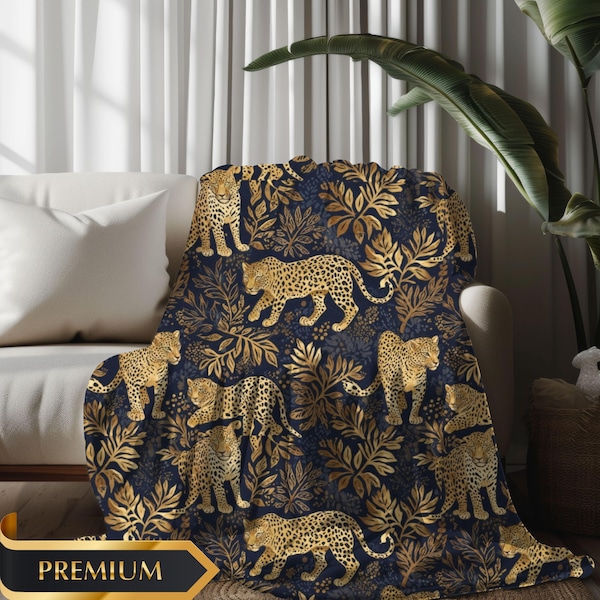 Manta de lujo con estampado de leopardo azul y dorado, estilo safari, elegante decoración selvática, diseño de gato salvaje exótico, elegante manta de leopardo con lámina dorada.