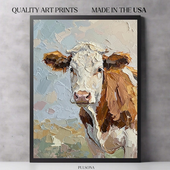 Rustic Country Cow Painting, Cow Painting Print, Farmhouse Fine Art Print, Cow Spring Fields Wall Art Countryside Farmhouse Kitchen Wall Art